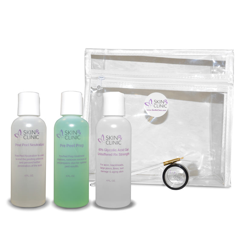 Glycolic Peel Kit 4oz size includes: 40% Glycolic Peel, Pre-Peel Prep, Post-Peel Neutralizer, Applicator Brush, Dish and a Zip-up Case